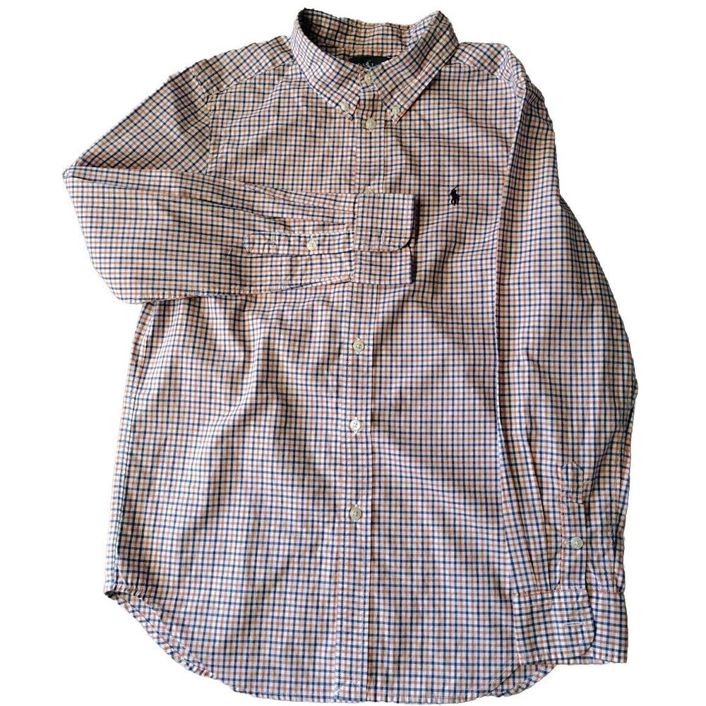 Boys Ralph Lauren Oxford Button Down Shirt L 14-16 Orange Navy Plaid Long Sleeve
